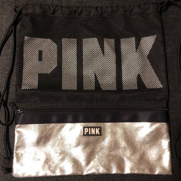 PINK Victoria's Secret Handbags - Victoria’s Secret PINK Logo Metallic Silver & Black Mesh Drawstring Backpack Bag